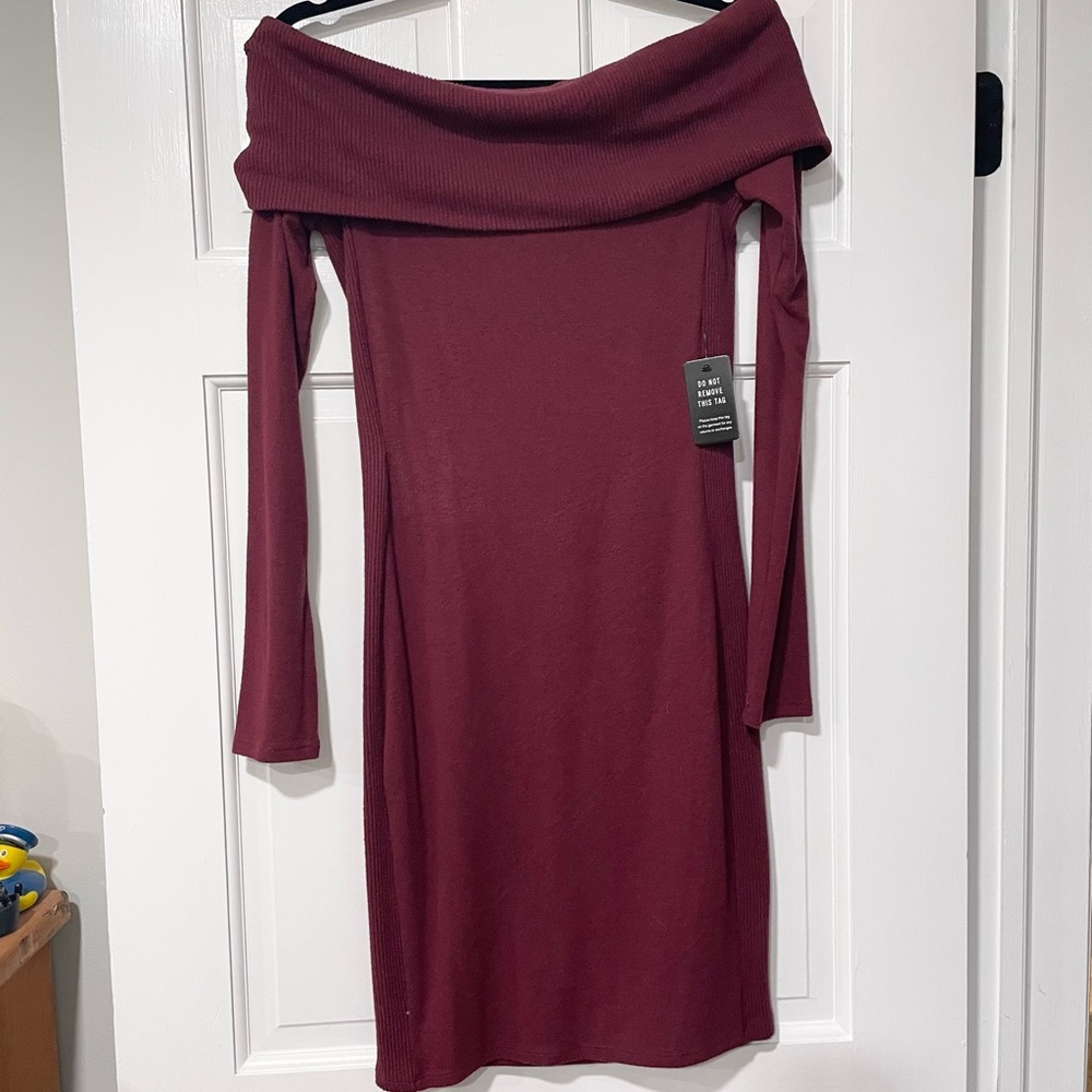 Express off the shoulder sweater dress, maroon, size small, brand new with tags
